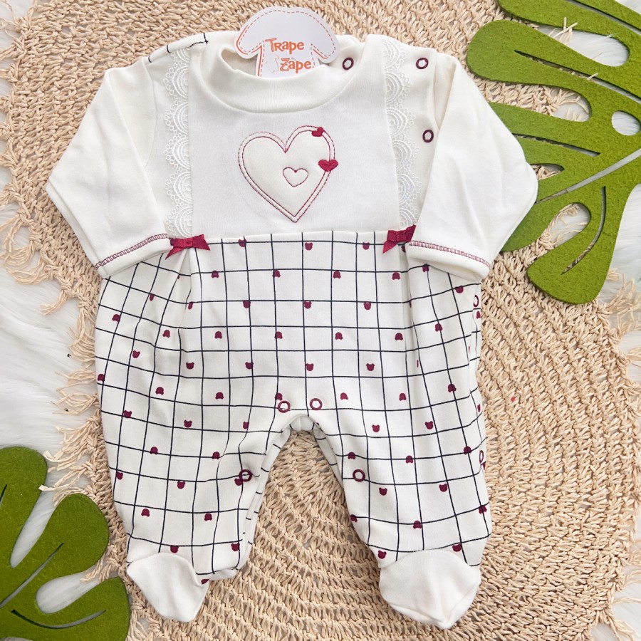 Macacão Malha Trape Zape - Coração e Mini Ursos - Off White e Vermelho